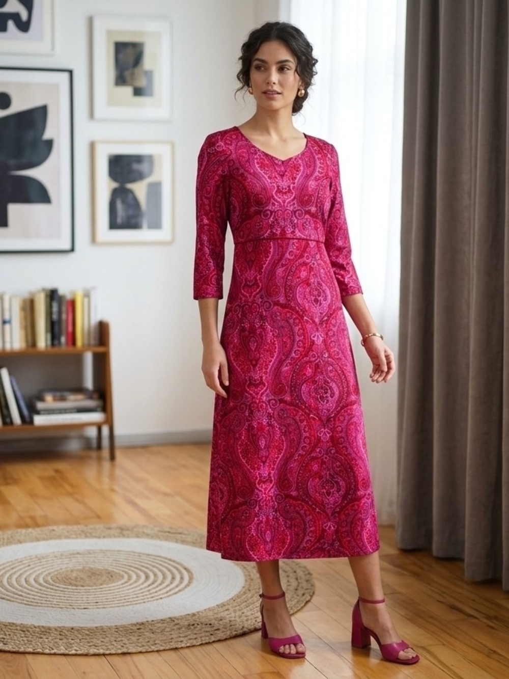 Vintage 90s Fuchsia Paisley Midi Dress Wimsigoth Fairycore Boho Chic Retro US6